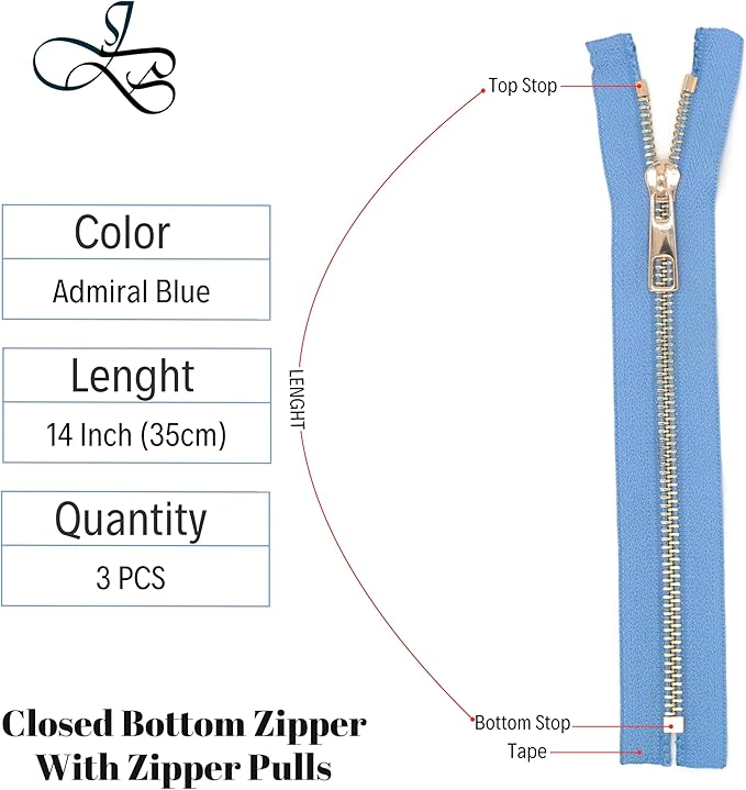 #5 Gold Metal Zipper - 50+ Colors - 3 PCS - (4-14 inches) Sizes - Luxury Lightweight Handcraft Metal Zippers with pulls for Purses Bags Pockets Shoes Sewing & Crafts DIY ZP023814