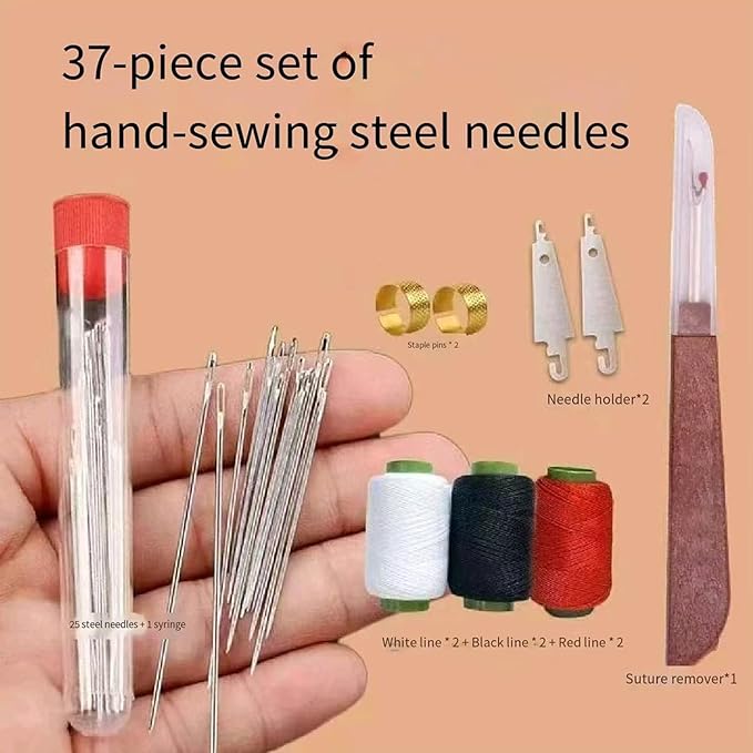 37PCS Big Eye Steel Sewing Needle Kit,Sewing Tool Set,Needles Thread Hand Repair Tools,Portable Sewing Working Kit for Beginners (2 Set*74PCS)