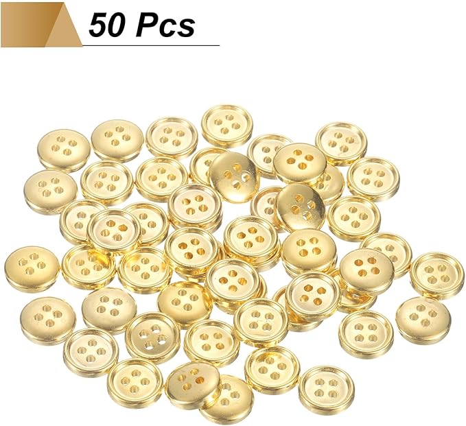 HARFINGTON 50pcs 18L Plastic Sewing Buttons 11.5mm 15/32" 4-Hole Round Replacement Craft Button for Coats Sewing Clothing and DIY, Gold