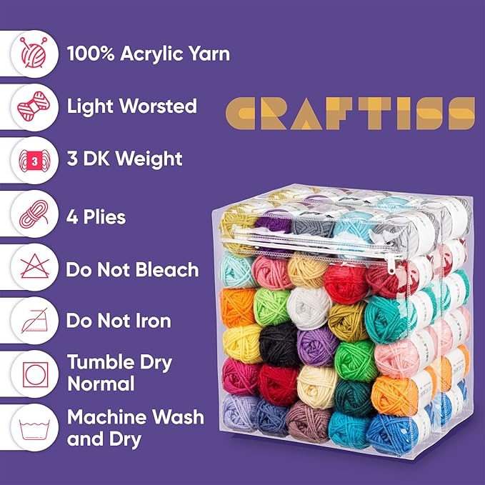 CRAFTISS 60 of 20g/0.7Oz Acrylic Yarn Mini Skeins - 2600 Yards of Soft Yarn for Crocheting and Knitting Craft Project, Assorted Starter Crochet Bulk Kit for Adults and Kids