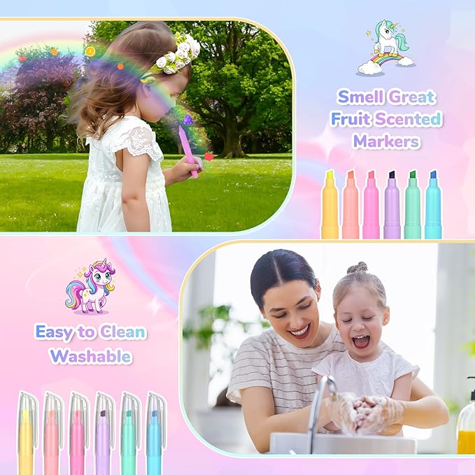Washable Scented Markers Set for Kids - Unicorn Coloring Art Supplies Set for Kids Ages 4-8 Birthday Gifts for 4-8 Year Old Girls Unicorn Pencil Case 54 PCS