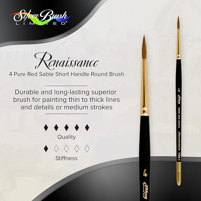 Silver Brush Limited 7100S Renaissance Round Brush for Watercolor and Oil, Size 4, Short Handle