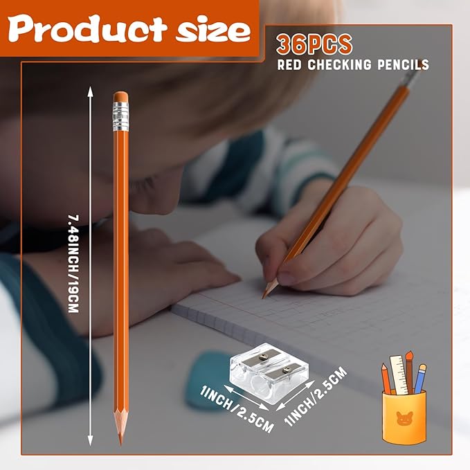 36 PCS Orange Checking Pencils Erasable Colored Pencils with Eraser Pre-Sharpened 2 HB for Checking, Grading, Tests & Office/School Supplies (Orange)