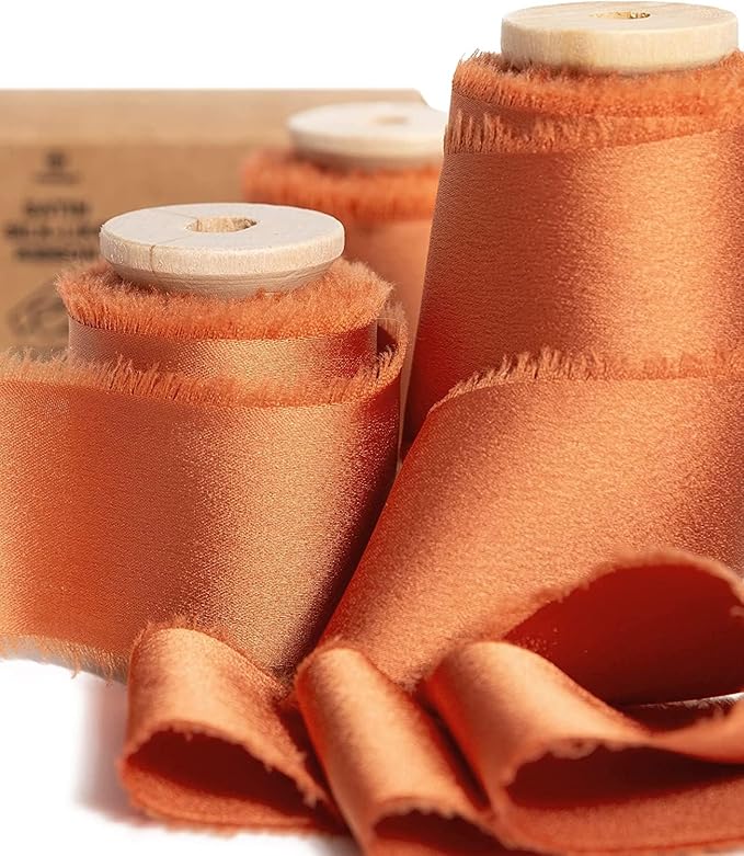Vitalizart Terracotta Silk Satin Ribbon 1-1/2 inch x 15 Yard Fall Ribbon Burnt Orange Handmade Frayed Ribbons for Gift Wrapping Baby Shower Wedding Bridal Bouquets Holiday Decor