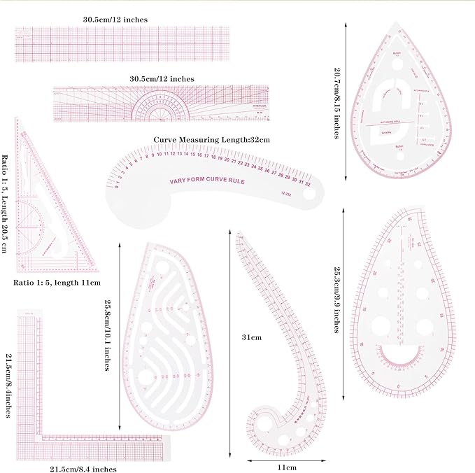 Acrylic Sewing Ruler Set，French Curve Pattern Rulers Kit for Tailors Designers Precision Pattern Making Guides Quilting and DIY Supplies (Ruler Set 3-9Pcs)