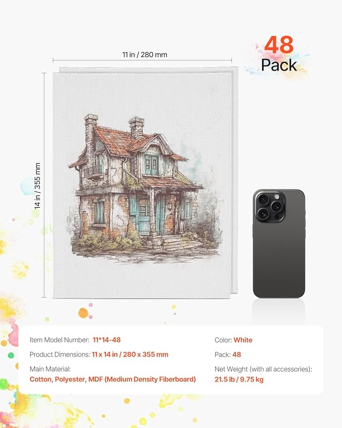 VEVOR Canvas Boards for Painting, 11 x 14 Inch White Canvases for Painting, 48 Pack Painting Canvas Panels for Sketching, Acrylic and Oil Painting, Watercolor, Paint Canvas for Kids and Professionals