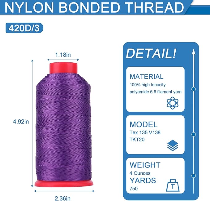 Heavy Duty Bonded Nylon 66 Sewing Thread 420D/3 T135#138 750 Yards for Canvas Furniture Upholstery Leather Goods Leather Footwear Outdoors(693, 420D/3)