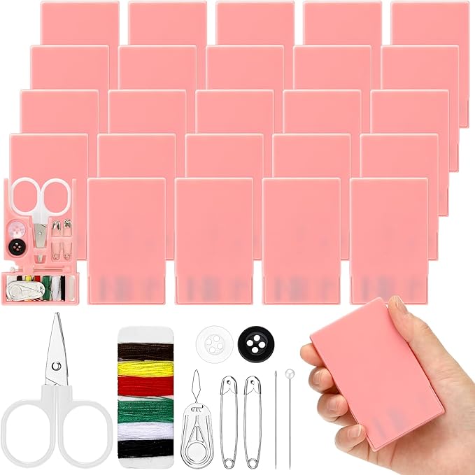 Knitgrip 25 Boxes Mini Travel Sewing Kit Quick Fix Sewing Kits Bulk Basic Portable Pre Threaded Needle Emergency Repair Tool for Christmas Gifts Beginner Traveler Home Hotel (Pink)