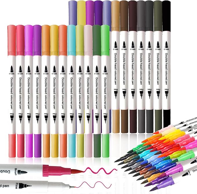 ArtBeek Art Brush Markers Pens for Adult Coloring Books, School Supplies for Teens, 24 Colors Numbered Dual Tip (Brush and Fine Point) Drawing Markers for Note Taking Planner Journal Calligraphy