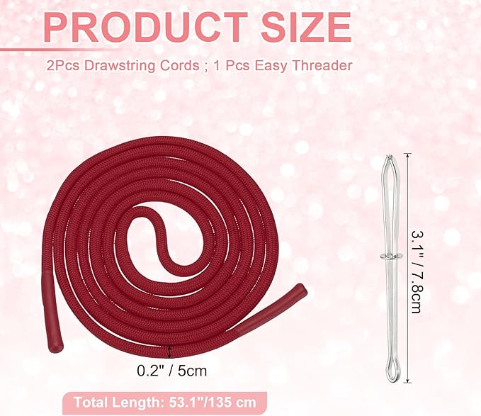 uxcell 2pcs 53inch Drawstring Cords Replacement Drawstring Hoodie String Sewing Tool with Easy Threader for Hoodie Sweatpants Jackets Pants Hats Coats Bags, Wine Red