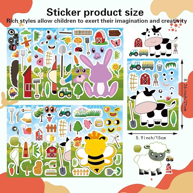 48 Sheets Make Your Own Stickers for Kids, Make a Farm Animal Face Sticker Sheets with Farm and Cute Animals for Kids Birthday Party Favors Supplies Teacher Reward