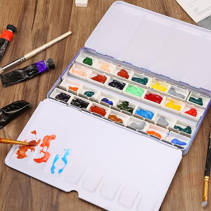 MYARTOOL Empty Watercolor Palette, Metal Watercolor Tin Palette Paint Case with 24 Empty Full Pans, Paint Tray Palette for DIY Travel Watercolor Palette, Acrylic and Oil Painting
