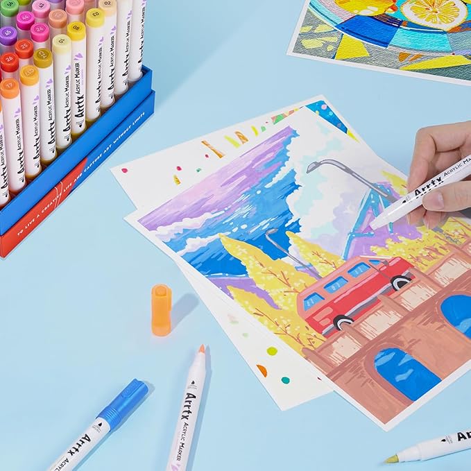 Arrtx Acrylic Paint Pens 60A,Brush Tip Acrylic Markers Set for Rock Painting,Glass,Stone,Wood,Ceramic Fabric