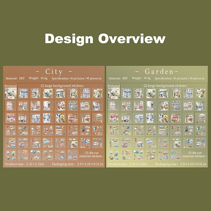90 PCS City & Garden Street Scene Pre-Cut PET Stickers - Watercolor Backgrounds with Shops Cars Lamps Flowers for Scrapbook Journal Travel Collage Décor