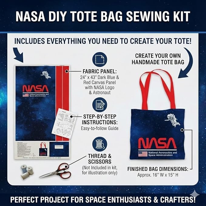 Northcott NASA Logo DIY Canvas Tote Bag Sewing Kit – Space-Themed Fabric Craft Project – Includes 24" x 43" Dark Blue & Red Fabric Panel & Instructions – Create 16" x 15" Handmade Tote Bag