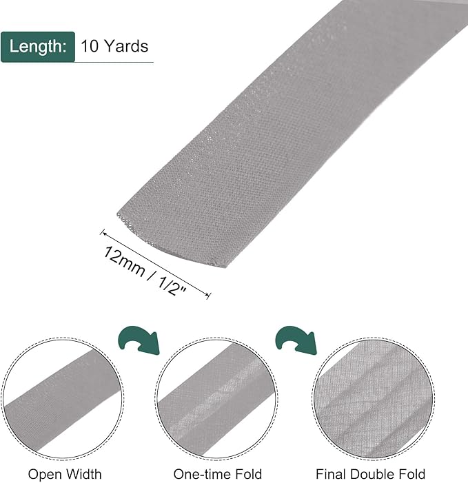 MECCANIXITY 1/2 Inch Double Fold Bias Tape Polyester Continuous Bulk Bias Tape for Sewing,Seaming Quilting Hemming Binding Crafts (Gray 10 Yards)
