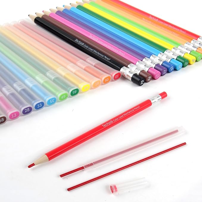 Colored Mechanical Pencil 2.6mm for Coloring and Drawing, Mechanical Colored Pencils, Mechanical Pencils with Sharpener and Case,12pcs with extra 24pcs colored leads