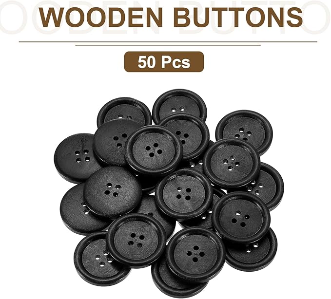 uxcell 50Pcs Wooden Buttons, 30mm(1 3/16") 4 Hole Round Wood Sewing Button Craft Flatback for Sewing DIY Craft Clothing, Black