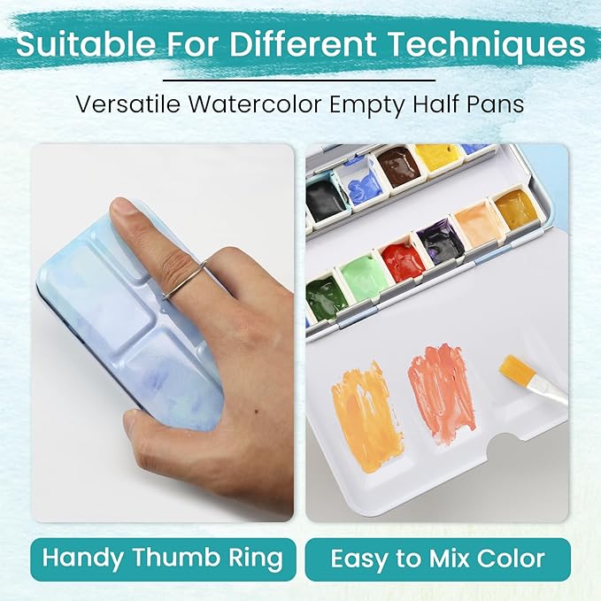 Blue Metal Watercolor Tin Palette - Empty w/ Paint Tray & 14 Half Pans - Robust & Functional - Perfect for Plein Air & Studio Painting
