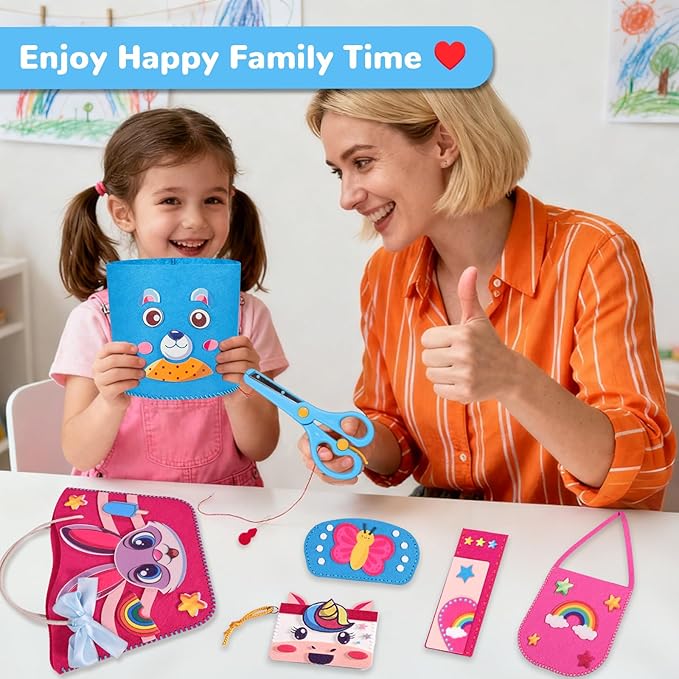 MGparty Sewing Kit for Kids, DIY Beginner Sewing Kit with 7 Cute Cartoon Bags Purses to Make Unicorn, Bunny, Bear, Rainbow Crafts for Girls Boys Educational Sewing Toy Gift