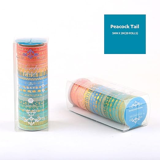 YUBX Skinny Gold Washi Tape Set Basic Foil Print Decorative Masking Tapes for Arts, DIY Crafts, Journals, Planners, Scrapbook, Wrapping (Peacock Tail)