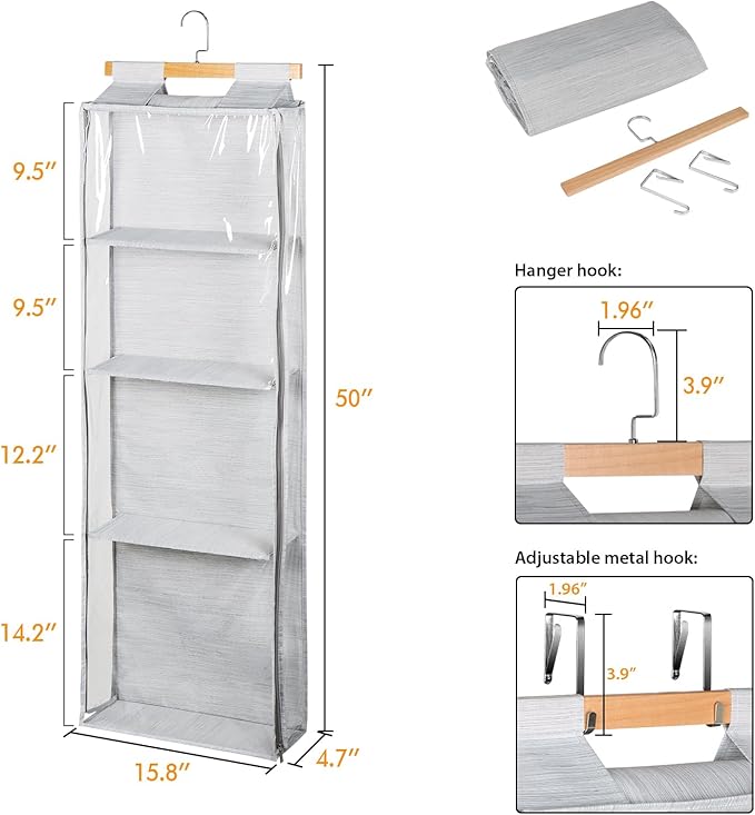 Yarn Storage Organizer with 4 Large Pockets, Clear Yarn Organizer and Storage with Zippers for Crochet Lovers, Hanging Yarn Storage with Over-Door Hooks for Knitting Needles Crochet Hooks