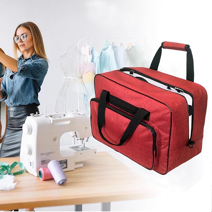 Sewing Machine Carrying Case, Sewing Machine Carrying Case Tote Bag, Universal Tote Storage Bag with Pockets and Handles, Suitable for Most Standard Singer (RED)