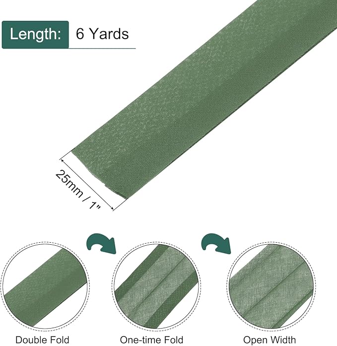 MECCANIXITY 1 Inch Double Fold Bias Tape Continuous Bulk Cotton Bias Tape for Sewing Seaming Quilting Hemming Binding Crafts (Army Green 6 Yards)