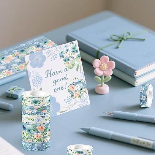 12 Rolls Floral Washi Tape, Blue Rose Flower Masking Tape, Vintage Blue Pink Floral Decorative Tapes for DIY Craft Scrapbook Journals Envelope Thanksgiving Christmas Party Decor Gift Wrapping 16.4FT