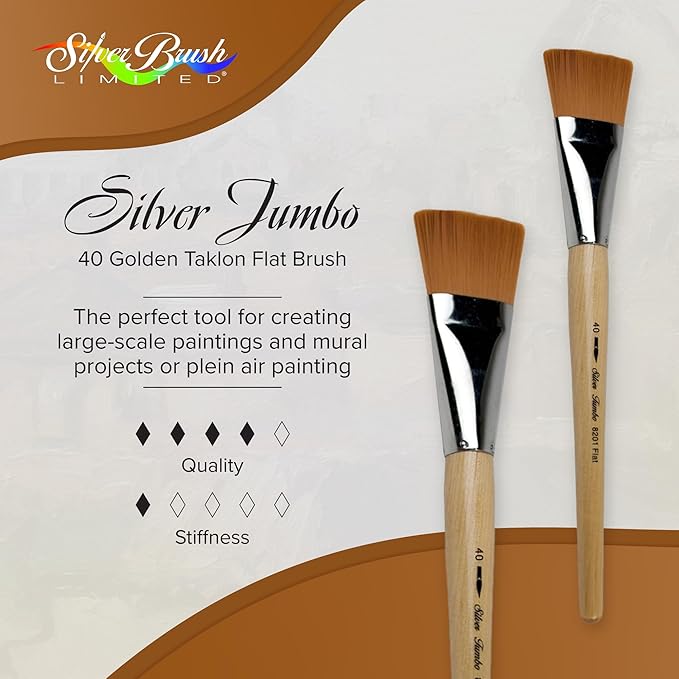 Silver Brush Limited 8201-40 Silver Jumbo Golden Taklon Flat Paintbrush for Oil, Acrylic, Heavy Body Paints, Gesso & Grounds, Varnish & Top Coat, Size 40, Mid Length Handle