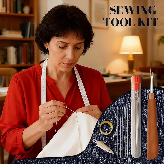 Big Eye Steel Sewing Needles Kit, 37-Piece Stainless Steel Hand Sewing Set with Thread, Thimble & Threader, for DIY Crafts, Home Travel Mending and Emergency Repairs on Leather and Denim