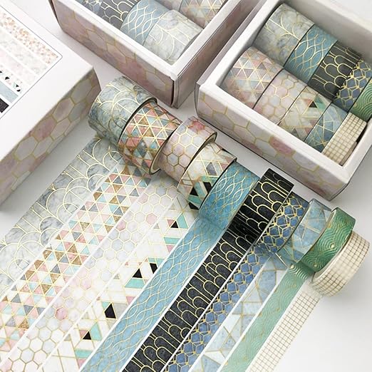 YUBX Creative Washi Tape Set 10 Rolls Gold Foil Print Decorative Masking Tapes for Arts, DIY Crafts, Journals, Planners, Scrapbook, Wrapping (Geometric Order)