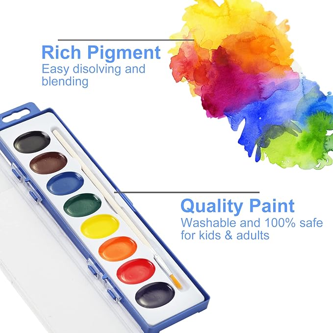 36 Pack Watercolor Paint Set, 8 Colors Washable Water Color with Paint Brush, Water Color Paint Sets for Kids and Adults, Party Favors, Christmas Gift
