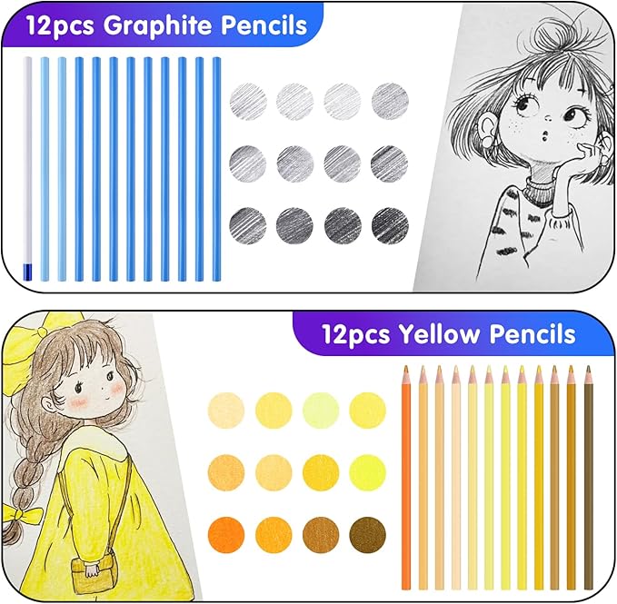 Mifuner Professional Drawing Set, 12 Colored Pencils & 12 Graphite Pencils with Eraser & Case, Art Supplies for Sketching Shading Blending, Gifts for Artists Adults Beginners.Yellow Black