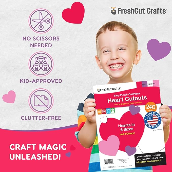 FreshCut Crafts 240 Pieces Heart Paper Cutouts, 2-Sided US Made Card Stock Punch Out Sweet Colored Hearts for Valentine’s Day Crafts, Bulletin Boards, Classroom Decor, and Posters 4 Sweet Colors