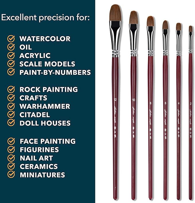 Golden Maple Filbert Paint Brushes Set, 6PC Red Sable Oval Paint Brushes Long Handle Artist Brush for Watercolor, Acrylic, Tempera and Gouache Painting