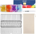 PEVART Empty Watercolor Palette Tins Box Metal Paint Case with Fold Out Palette, Medium Colorful Watercolor Tray Palette with 37 Half Pans and a Water Color Pen for DIY Travel Watercolor Palette
