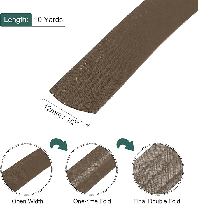MECCANIXITY 1/2 Inch Double Fold Bias Tape Polyester Continuous Bulk Bias Tape for Sewing,Seaming Quilting Hemming Binding Crafts (Brown 10 Yards)