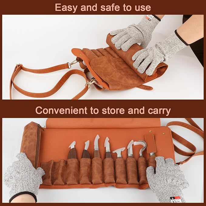 Deluxe Wood Carving Kit, Wood Carving Tools Set, 8Pcs Whittling Knifes&5Pcs Detail Carving Knives with Large Leather Case & Gloves, Wood Whittling Kit for Beginners and Carpenter Experts
