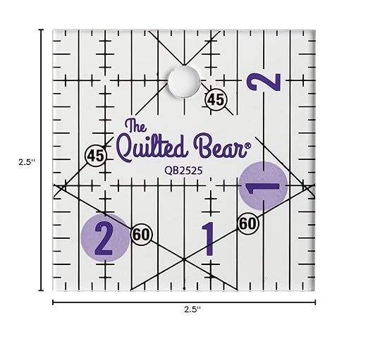 The Quilted Bear Quilting Rulers - Transparent Acrylic Non Slip Quilting, Patchwork & Sewing Ruler with Clear Black Lines & 30, 45 & 60 Degree Angles for Perfect Accuracy & Precision (2.5" x 2.5")