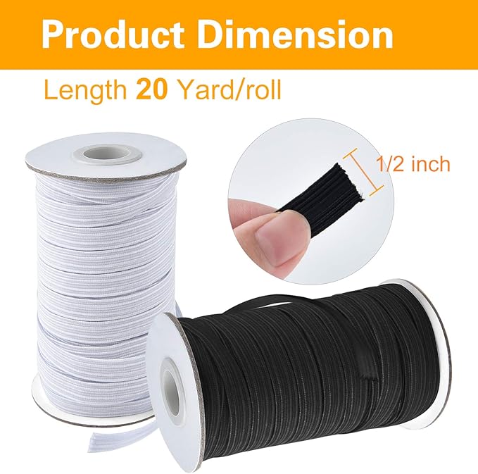 Coopay 40 Yards Length 1/2" Width Elastic Bands Flat Elastic Cord Rope Heavy Stretch Spool Knit for Sewing DIY Projects, Arts & Crafts, 2 Rolls, 20 Yards/Roll (Black and White, 1/2 Inch)