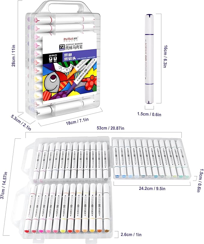 72 Colors Paint Markers, Acrylic Paint Pens with 36 Dual-Color Brush Tips,Waterproof Markers for Rock Painting, Wood, Canvas, Stone, Glass, Ceramic Surfaces, DIY Crafts Making Art Supplies
