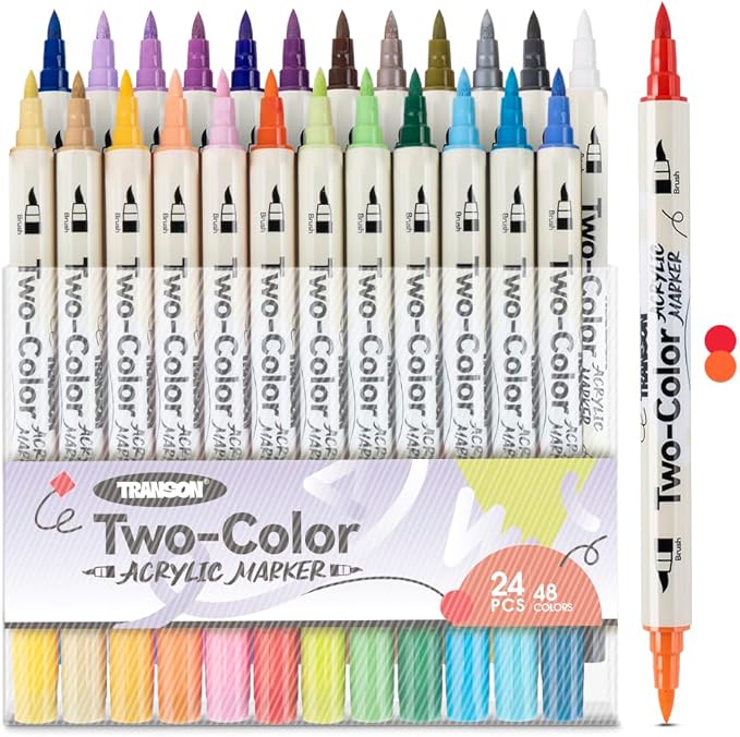 TRANSON 48 Colors Acrylic Paint Marker Set, 24 Pieces of Dual-color Acrylic Paint Pens with Brush Tips Versatile for Craft Painting, Drawing, Rock Painting, DIY, Paint on Most Surfaces