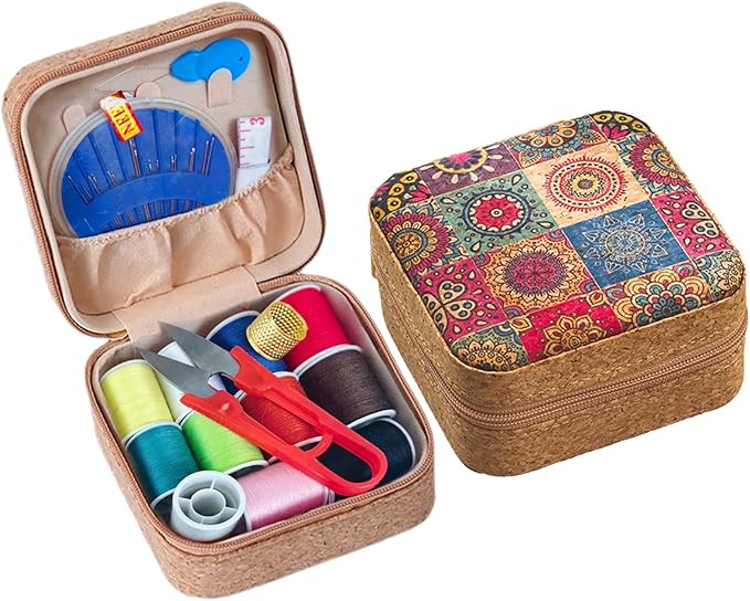 Sewing Box,Portable Travel Sewing Kit ，Vintage Soft Wood Print Sewing Kit,Mini Sewing Kits Storage Box,with 11 Color Thread, Scissors, Needles, Tape Measure and Other Accessories (Sunflower)