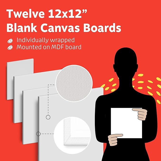 Artlicious Canvases for Painting - Pack of 12, 12 x 12 Inch Blank White Canvas Boards - 100% Cotton Art Panels for Oil, Acrylic & Watercolor Paint