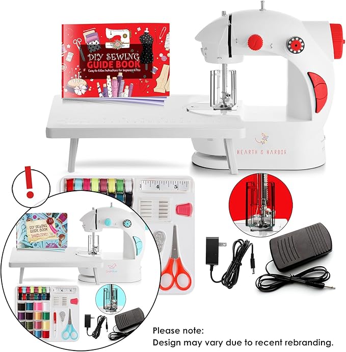 Hearth & Harbor Mini Sewing Machine for Beginners, Dual Speed Small Portable Sewing Machine for Kids and Adults with Extension Table, 48 Piece Gift Set Includes, Pedal, Projects Book and More, Red