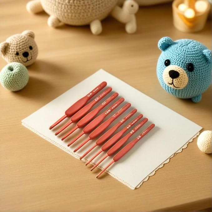 WONCHIEF 9PCS Crochet Hooks Set - Soft Grip Aluminum Knitting Needles with Case, Red Matte Hooks for Dark Yarn & Eye Comfort, 2.0-6.0mm Complete Kit for Home/Travel Crafting (Red)