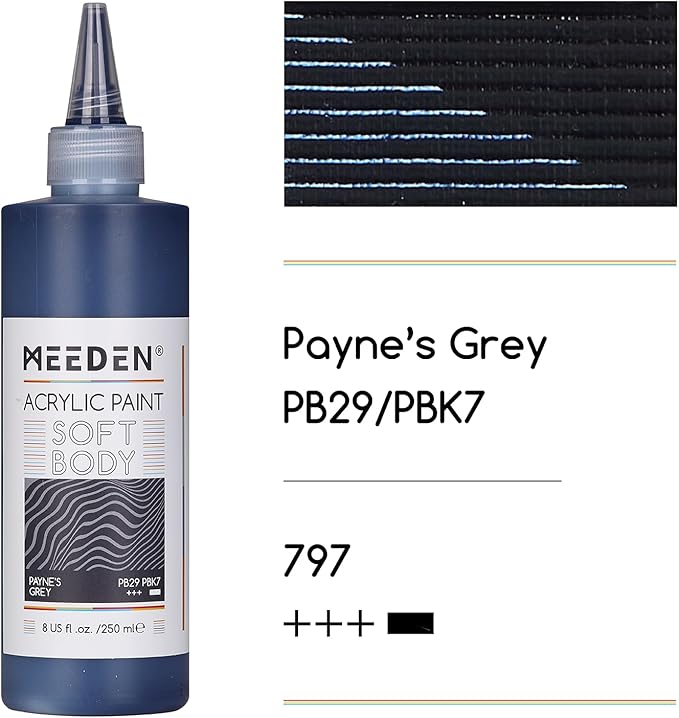MEEDEN Soft Body Acrylic Paint: Payne's Grey Matte Finish - 250ml/8.45oz Bulk Acrylic Colors in Ergonomic Bottle - Fluid Flow Art Paints for Artists Canvas Painting