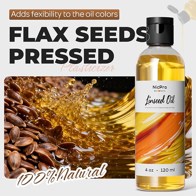 Nicpro Linseed Oil for Painting, 4oz Refined Linseed Oil Medium for Thinning Oils, Artists, Painting Thinner, Professionals to Enhance Flow, Translucency & Gloss