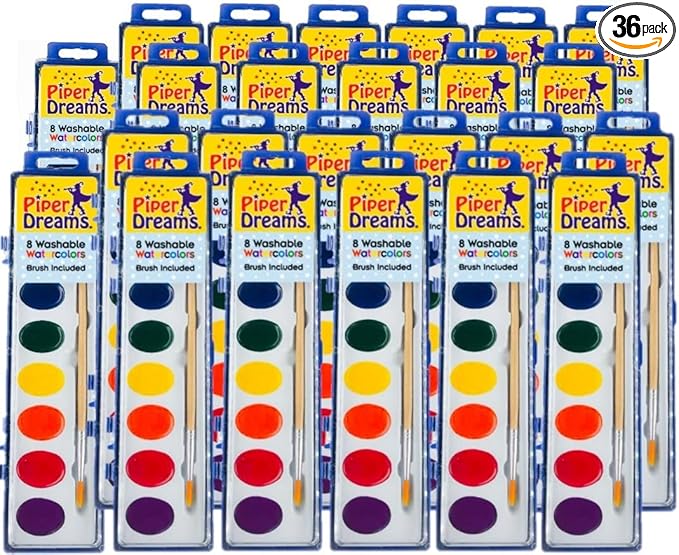 36 Pack of Watercolor Paint Sets for Kids - Quality Wood Brush - Washable - Nontoxic - 8 Vibrant Colors - Closable Lid